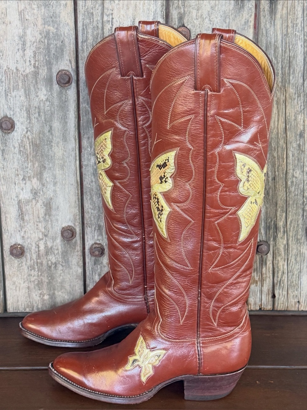 Vintage Tall Justin Exotic Butterfly Inlay / Metallic Gold Women's Cowboy Boots